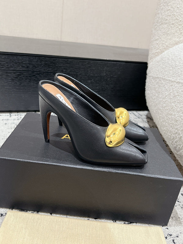 Alaia 25 Azzedine High Heels Mules With Gold Hardware Black Calfskin 293185