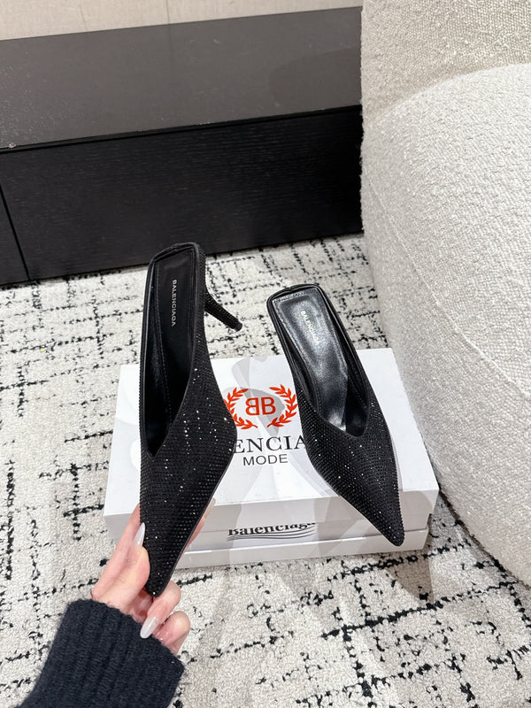 KNIFE 65MM HIGH MULE IN BLACK SUEDE ATTACHED FULL CRYSTALS