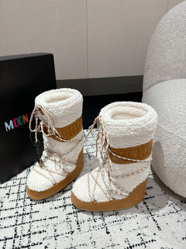 Moon Boot Icon Faux Fur Boots White Brown Suede Shearing 541978