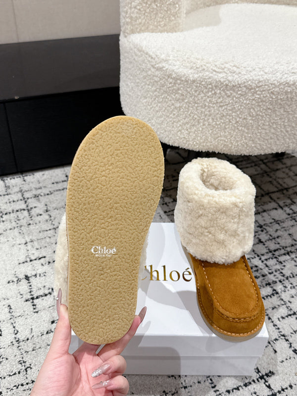 Chloe Snow Boots Tan Cream Suede Wool 514334