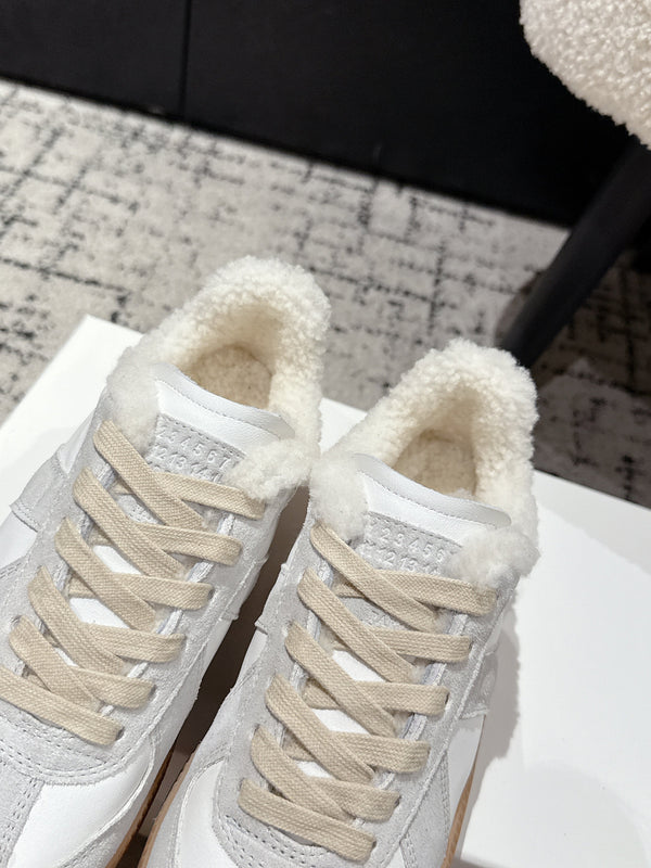 MM Platform German Training Shoes 50mm Light Grey White Suede Sheepskin Fur 558415