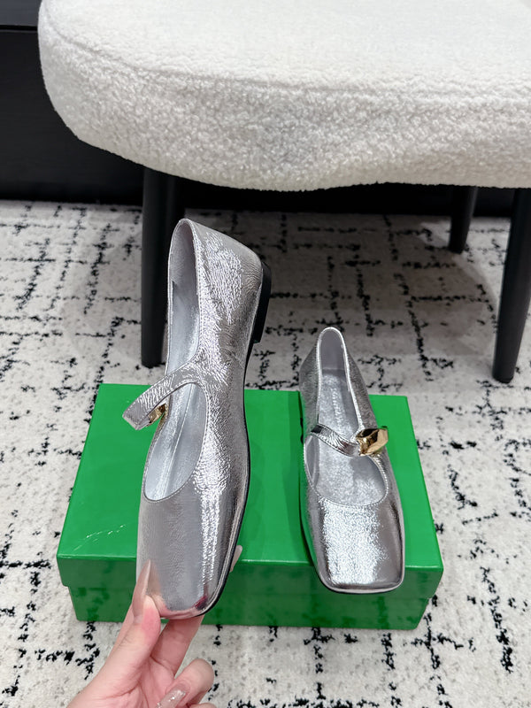 BV Charlotte Mary Jane Flat Sliver Metallic Leather 770006