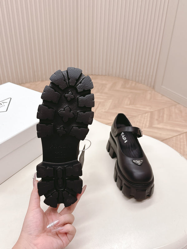 Prada Brushed Monolith Mary Janes Loafer Black Cowhide