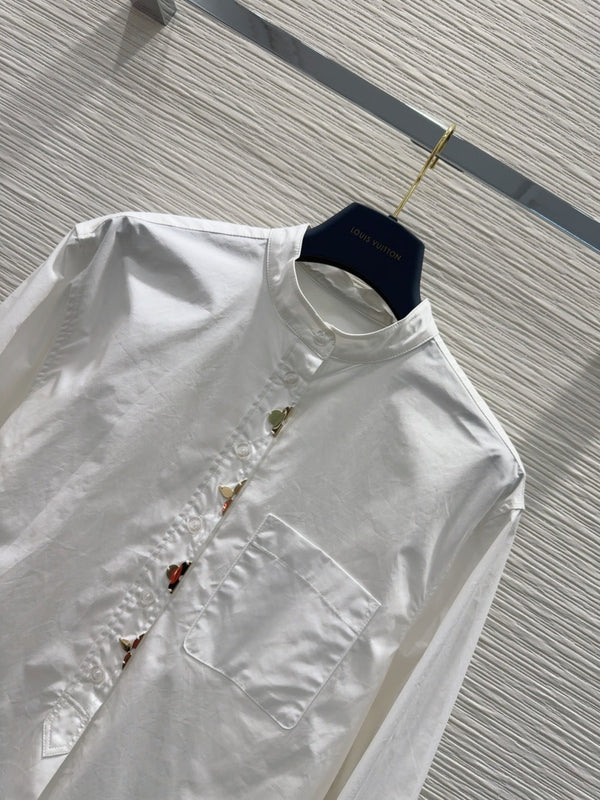 LV 25 Long Sleeve Mandarin Collar Shirt White Cotton