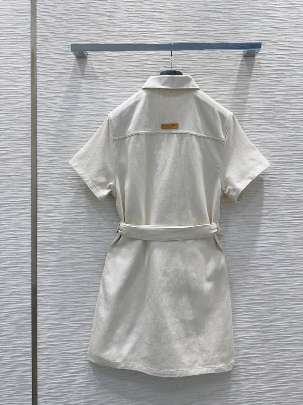 CD 2025 Short-sleeved Shirt Dress Light Beige Cotton