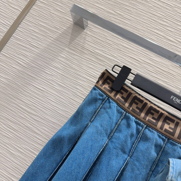 Fendi 2025 Pleated Denim Skirt Blue Cotton