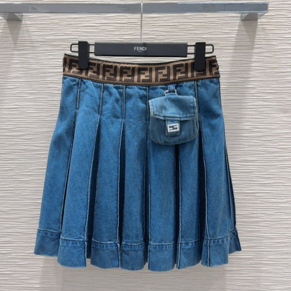Fendi 2025 Pleated Denim Skirt Blue Cotton