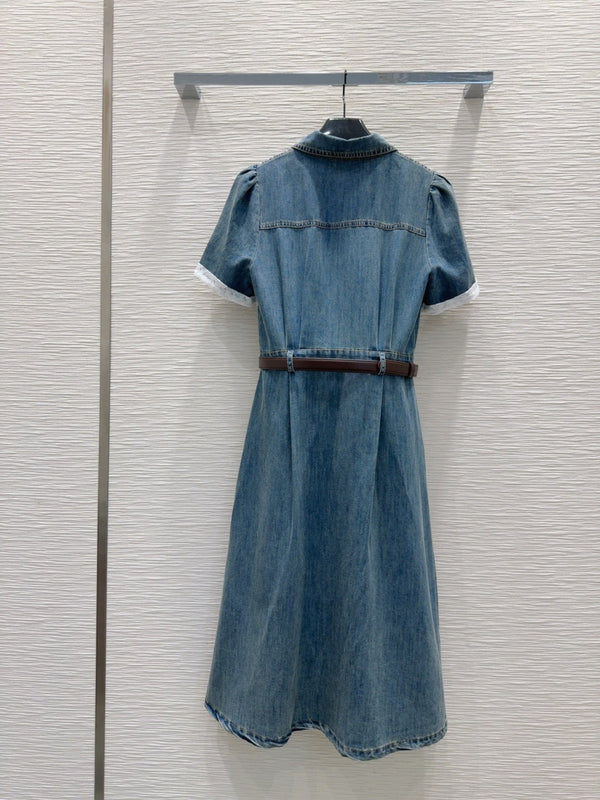 YSL 25 Denim Puff-sleeve Sress with Gathered Waist Blue Cotton