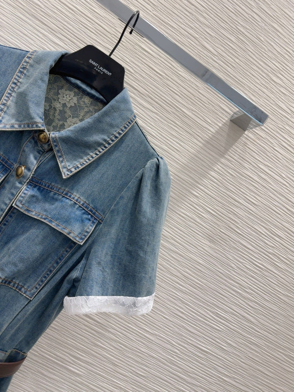 YSL 25 Denim Puff-sleeve Sress with Gathered Waist Blue Cotton