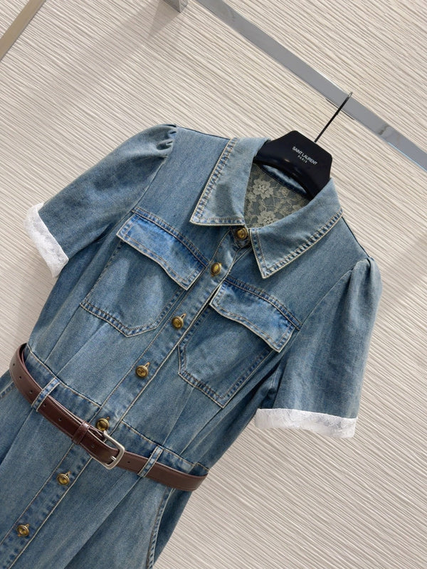 YSL 25 Denim Puff-sleeve Sress with Gathered Waist Blue Cotton