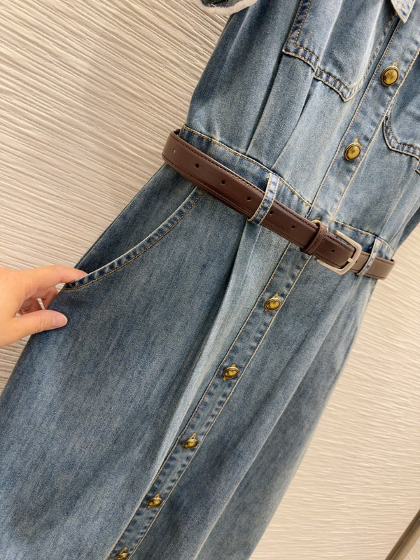 YSL 25 Denim Puff-sleeve Sress with Gathered Waist Blue Cotton