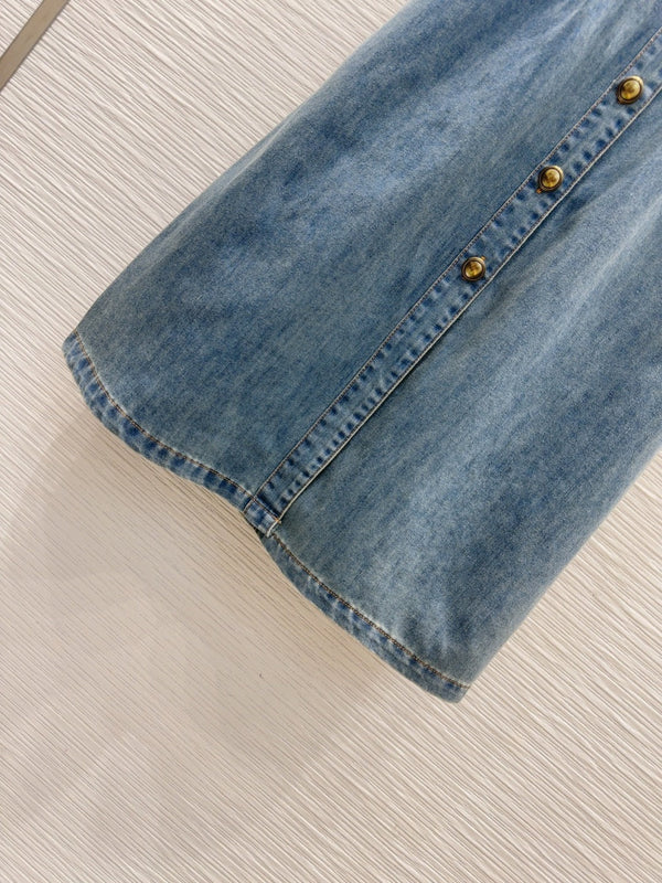 YSL 25 Denim Puff-sleeve Sress with Gathered Waist Blue Cotton