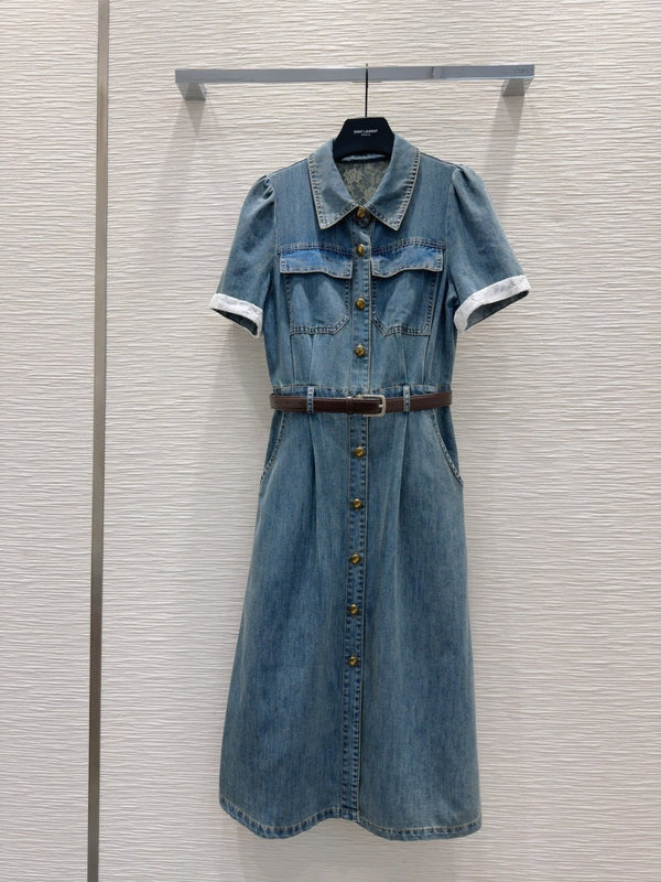 YSL 25 Denim Puff-sleeve Sress with Gathered Waist Blue Cotton