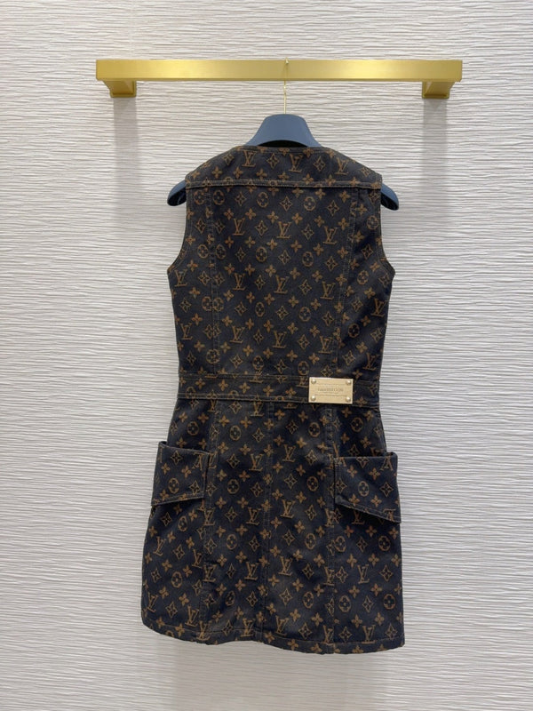 LV 25 Classic Logo Denim Vest Dress Black Cotton