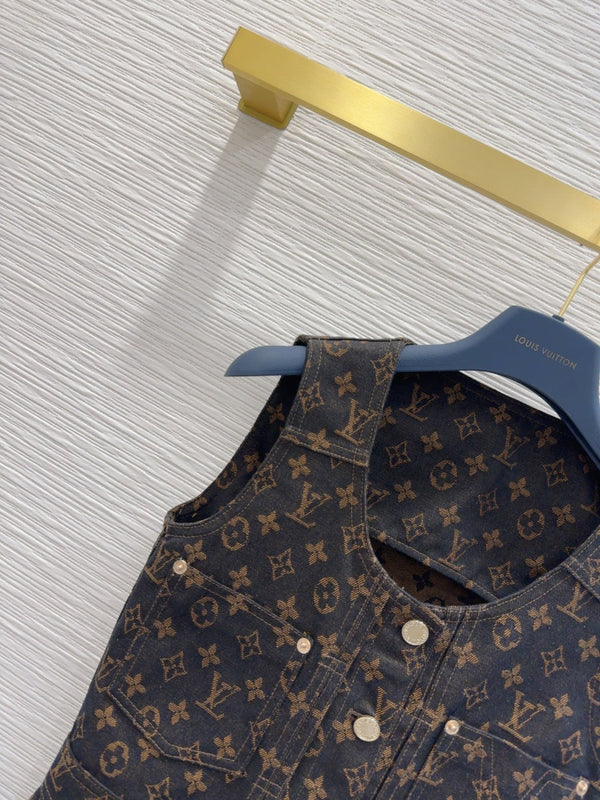 LV 25 Classic Logo Denim Vest Dress Black Cotton