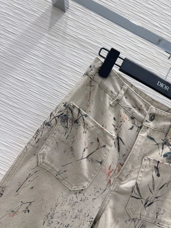 CD 25 Ink And Floral Pant Beige Cotton