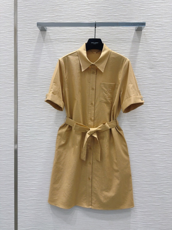 YSL 2025 Shirt Dress Beige Flax Cotton