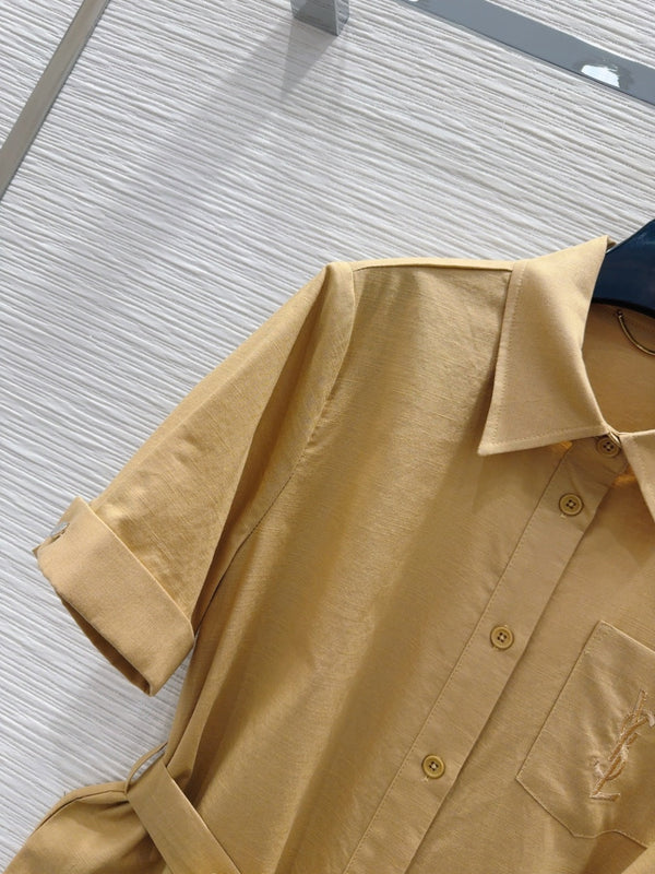 YSL 2025 Shirt Dress Beige Flax Cotton
