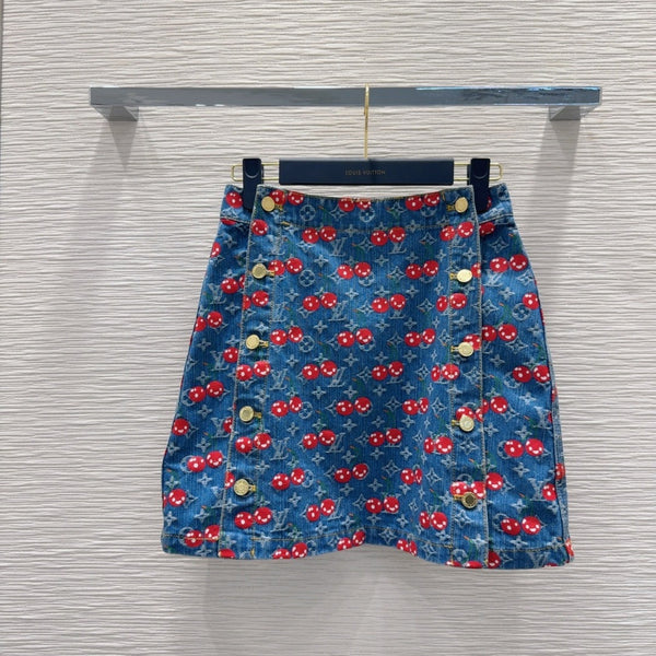 LV 25 Cherry Denim Skirt Blue Cotton