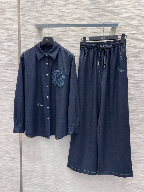 CD Denim Shirt Oblique Patterned Pockets Dark Blue Polyester Viscose 351282