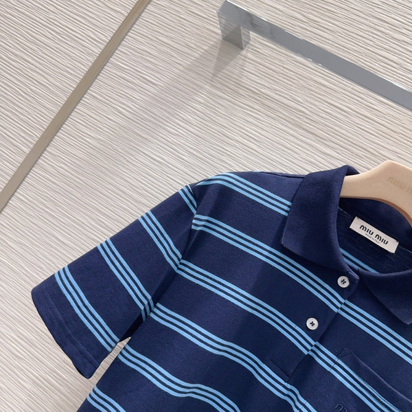 Miu 26s Set Striped Polo Top Short Khahi Blue Cotton 394883