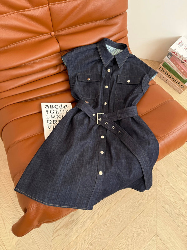 CD 25 Short-sleeved Denim Dress Indigo Blue Cotton