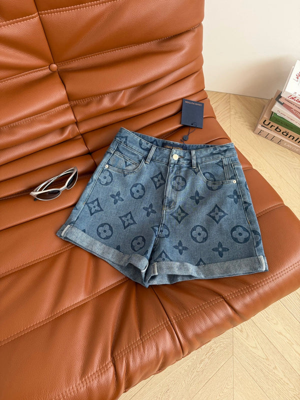 LV High waist and rolled hem design Denim Shorts Blue Cotton