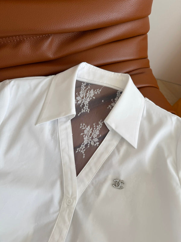 CC 25 Lace Backless Shirt White Cotton