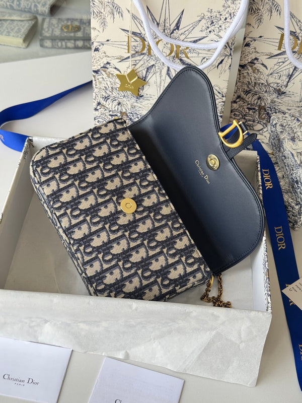 CD Medium Saddle Pouch with Chain 21.5cm Blue Jacquard Cowhide GHW