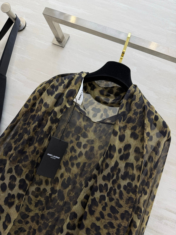 YSL Lavallière Leopard-Print Blouse Black Silk 397066