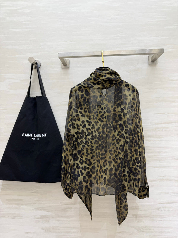 YSL Lavallière Leopard-Print Blouse Black Silk 397066