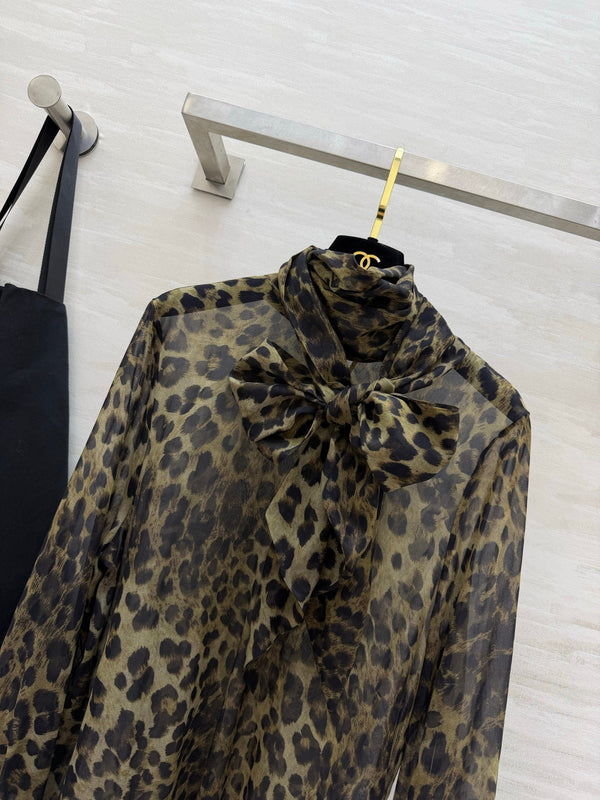 YSL Lavallière Leopard-Print Blouse Black Silk 397066
