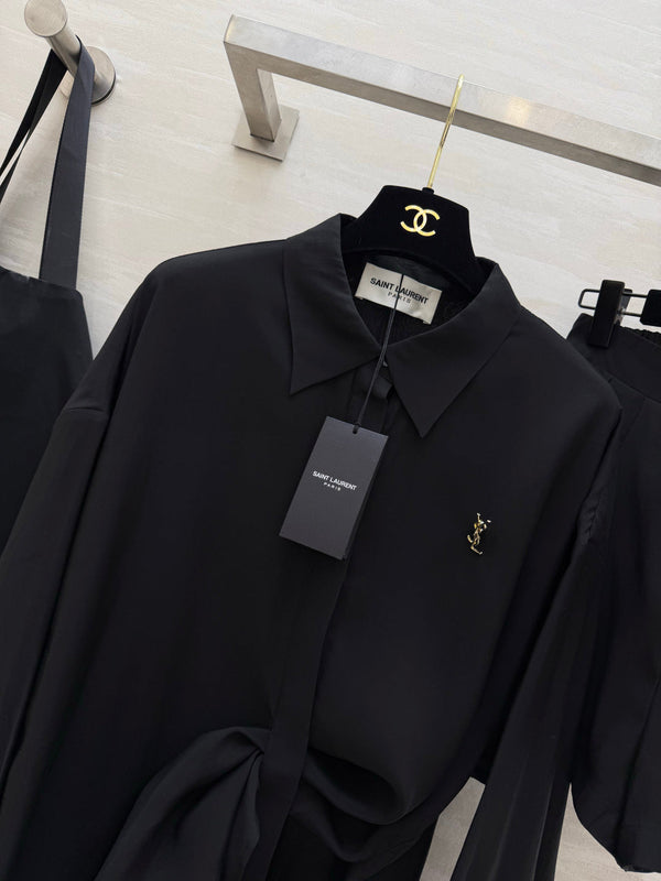 YSL 26s Long-Sleeved Silk Shirt Set Black 398906
