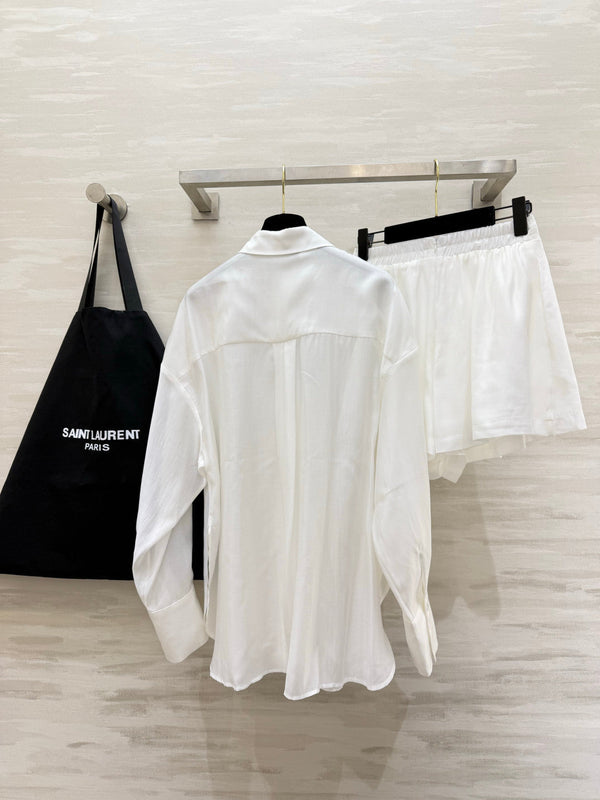 YSL 26s Long-Sleeved Silk Shirt Set White 398905
