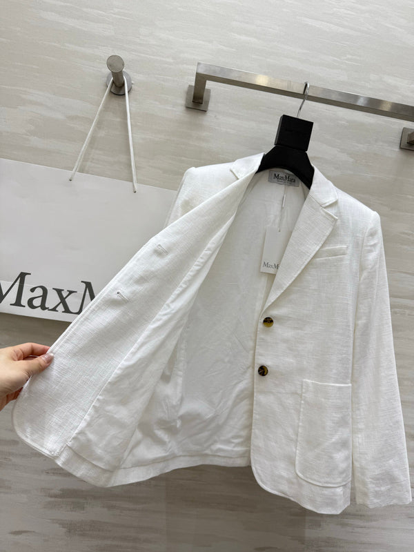 Max Mar Single-Breasted Blazer White Linen 398828