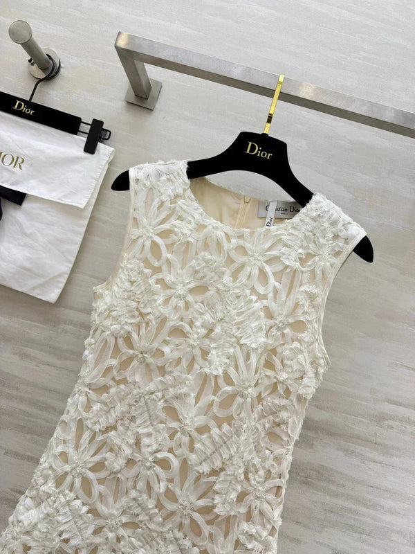CD 2026 Heavy-duty 3D Floral Sleeveless Maxi Dress Cream Lace Cotton 412117