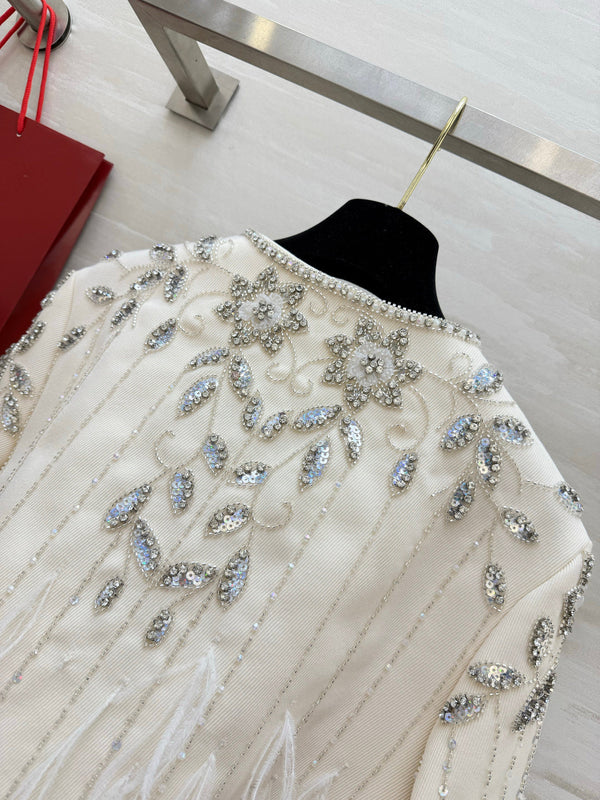 VLTN 26S White Crystal Embellished Feather Tweed Jacket 428162