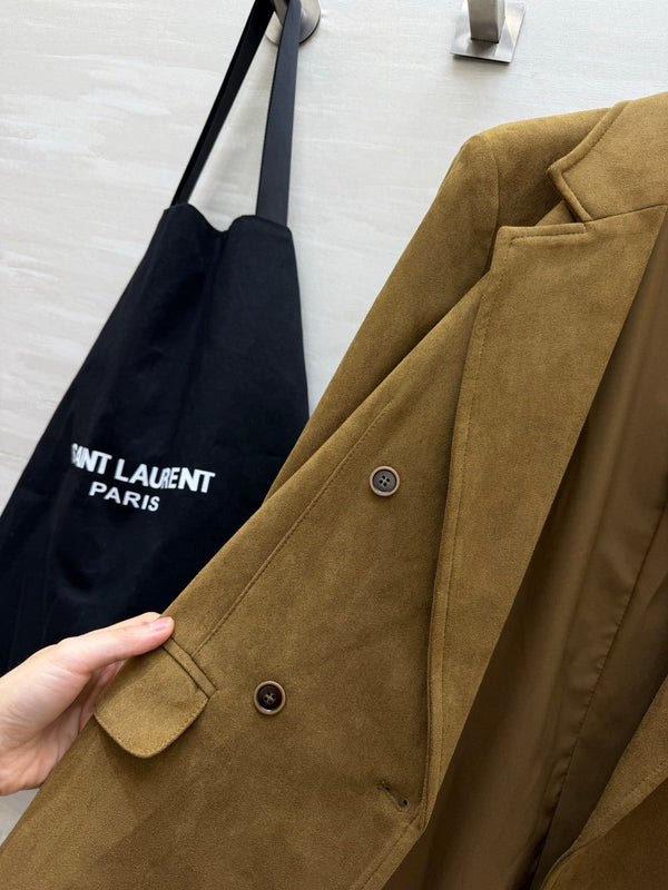 YSL 26s Suede Belted Double-Breasted Blazer Jacket Camel 438814