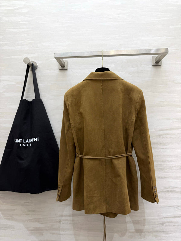 YSL 26s Suede Belted Double-Breasted Blazer Jacket Camel 438814