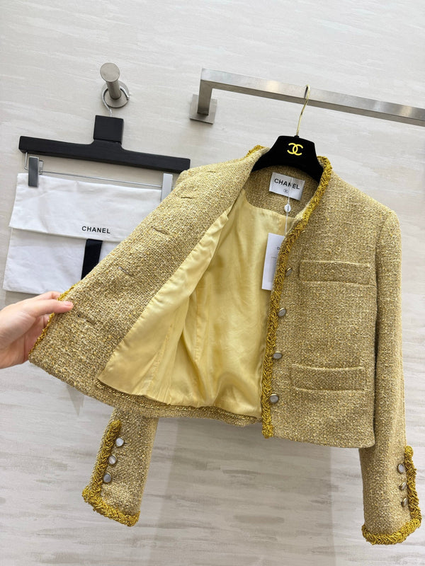 CC 26s Tweed Ribbon-Trim Cropped Jacket Gold 438806