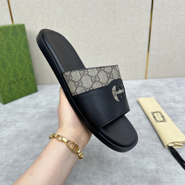 GG Men's Slide Black Brown Canvas Cowhide 542946