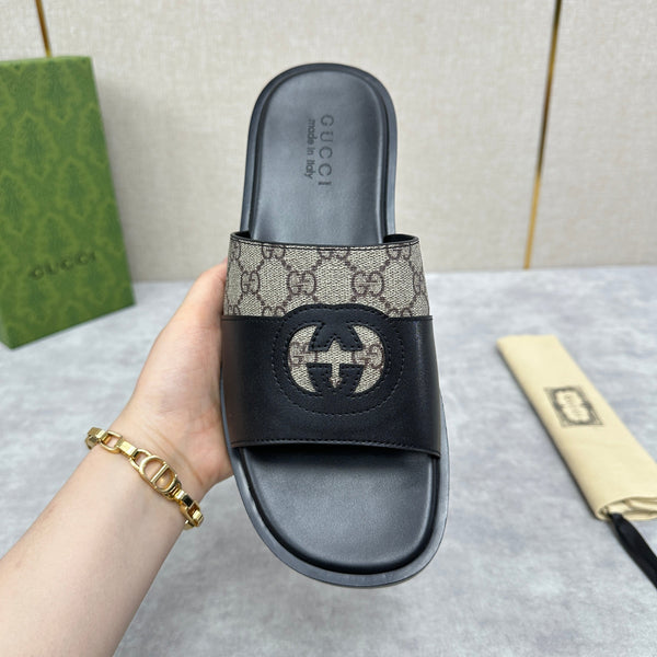 GG Men's Slide Black Brown Canvas Cowhide 542946