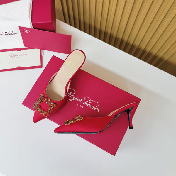 Viv Diamond Mules Red Silk 247391