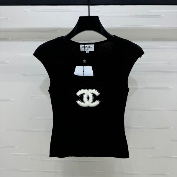 Chanel 25 Black Tank Top Square Neck Knitted