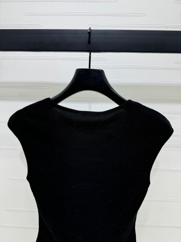 Chanel 25 Black Tank Top Square Neck Knitted