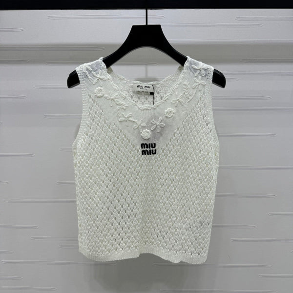 Canotta bianca in maglia con scollo a V Miumiu 25