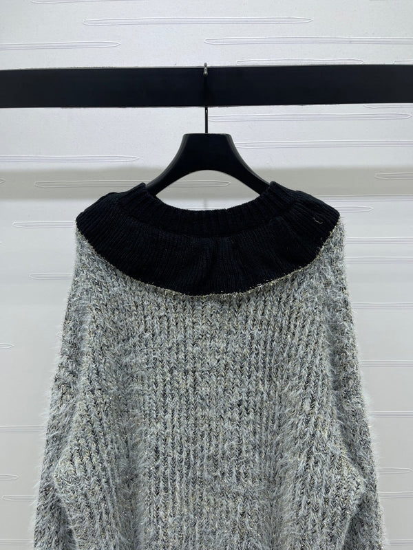 Chanel 2025 Pull scintillant à col volanté gris noir Polyester Laine 319566