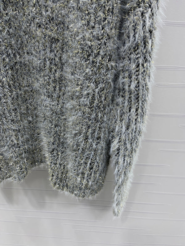 Chanel 2025 Pull scintillant à col volanté gris noir Polyester Laine 319566