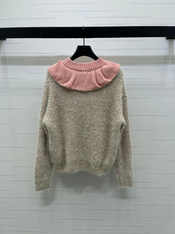 Chanel 2025 Pull scintillant à col volanté Beige Rose Polyester Laine 319565