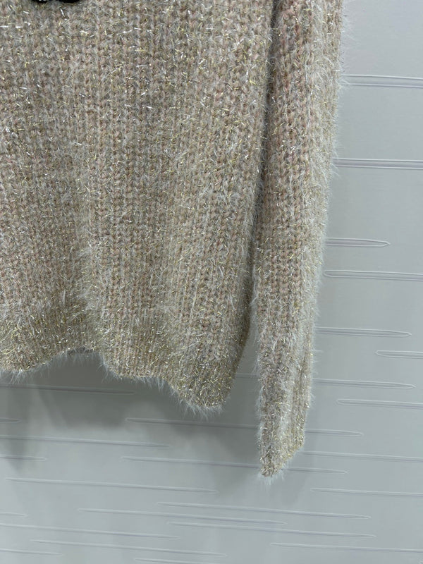 Chanel 2025 Pull scintillant à col volanté Beige Rose Polyester Laine 319565